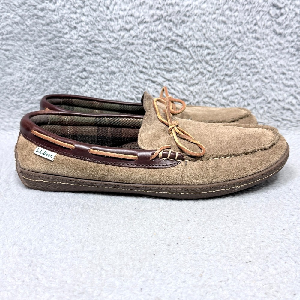 LL Bean Handsewn Slippers Flannel-Lined Mens‎ Size 9 Moccasin Shoes Brown Suede